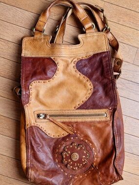 Lucky Brand Two-Tone Patchwork Leather Shoulder Bag in Brown & Tan